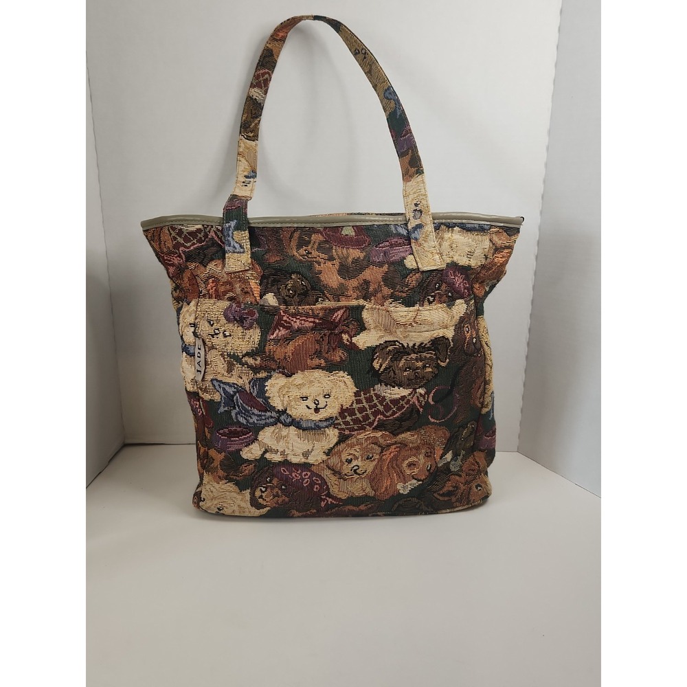 Vtg 90s JADE Tapestry Dog Tote Bag Medium Shoulder Purse Puppy Jacquard 12x13.5